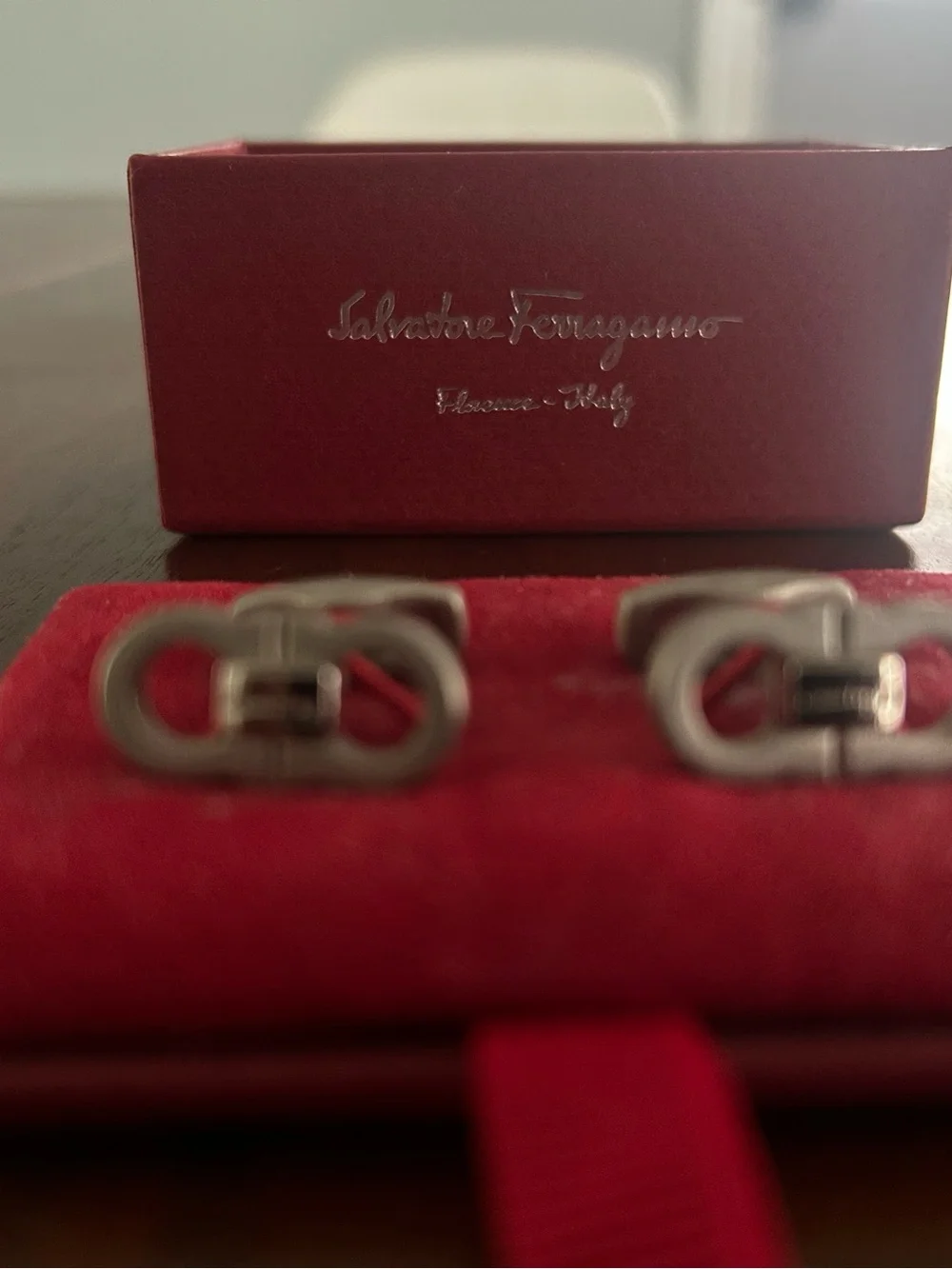 Salvatore Ferragamo Silver Double Gancini Cufflinks with Red Presentation Case